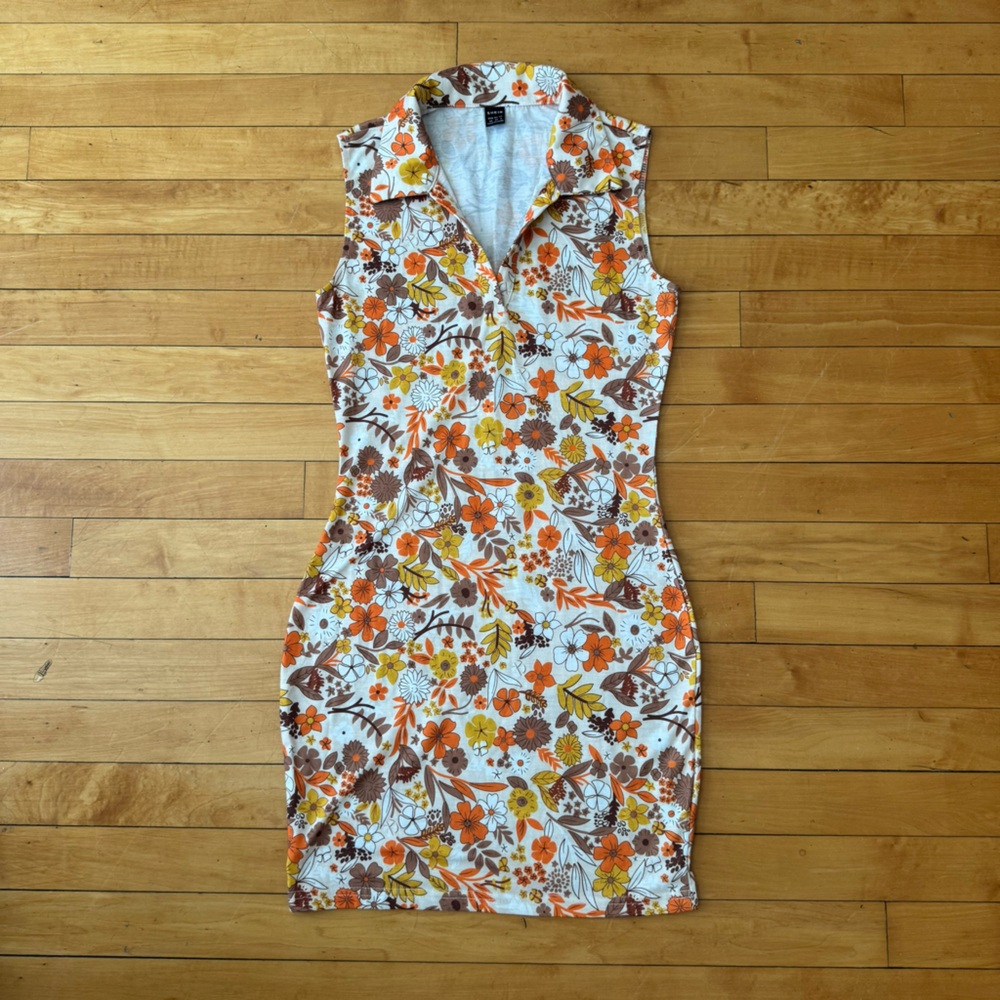 Retro Floral Collared Bodycon Mini Dress - SHEIN XS (Y2K / 70s Vibes)